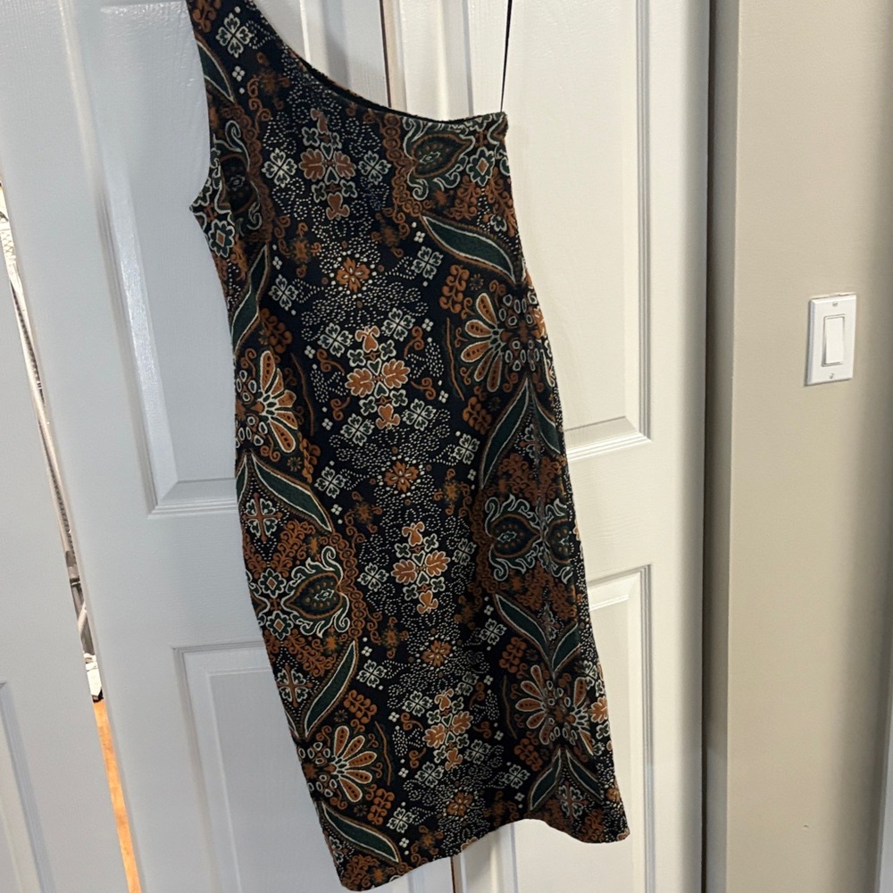 Anthropologie One-Shoulder Paisley Dress in Black and Orange embroidered!!